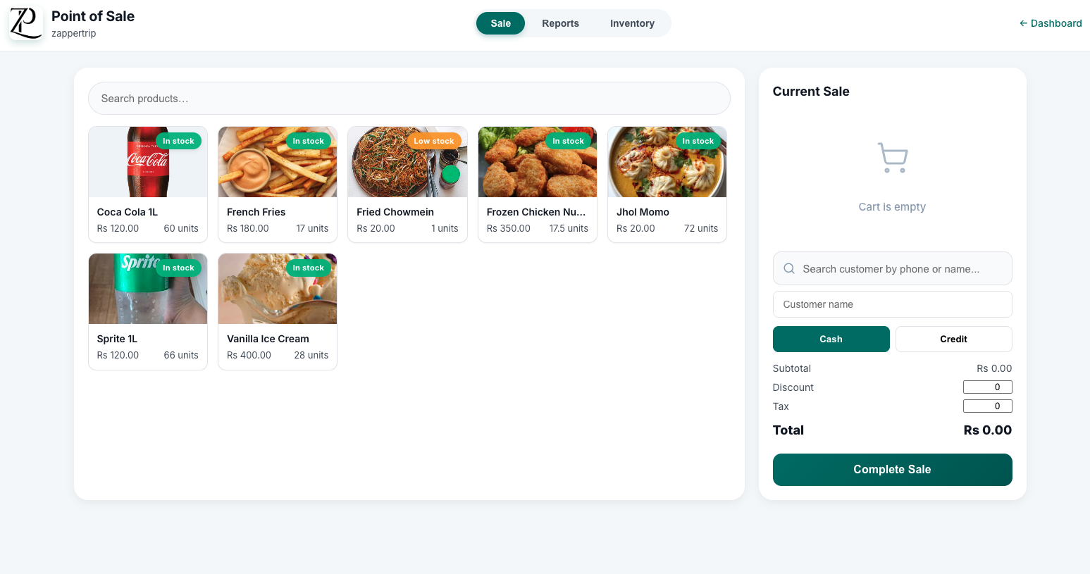 zappertrip Point of Sale on desktop