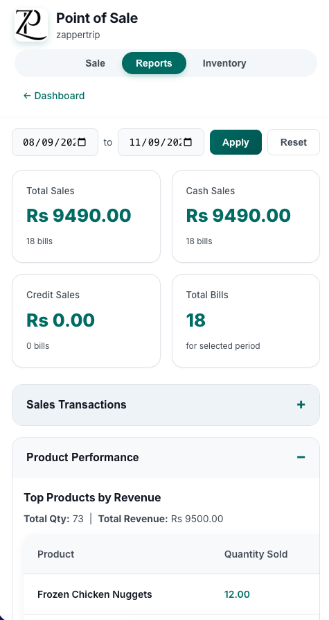 zappertrip Point of Sale on mobile